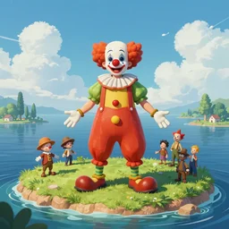 eccentric clown stranded on an island, extremely detailed, sharp focus, wide view, full body shot, smooth, digital illustration, by james jean, by rossdraws, frank franzzeta, mcbess, sakimichan, brosmind, steve simpson