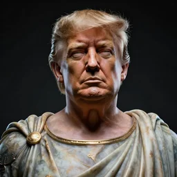 Donald trump as a Greek god statue, realistic artstyle, wide shot, dramatic lighting, octane render, hyperrealistic, high quality, highly detailed, HD, beautiful, cinematic, 8k, unreal engine, facial accuracy, symmetrical