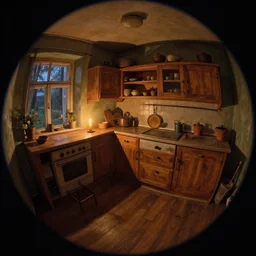 epic illustration fisheye lens of a wooden kitchen dim lit by 1 candle in a scenic environment by Anton Fadeev
