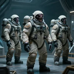 crewmembers of a spaceship invaded by a strange and deadly imposter. they're humanoid creatures with a portly appearance, and they wear full - body spacesuits and small backpacks. the backpack's purpose is unclear, though our best guess is that it's an oxygen tank of some kind.