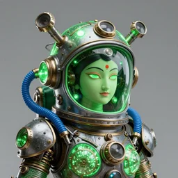 awardwinning portrait photo of a steampunk god saraswati, wearing a glowing green and silver metallic steampunk astronaut helmet with blue tubes and shiny metallic devices, 3 d render, crisp, 8 k, fluorescent colors, insanely integrate, nikon photography