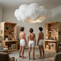 realistic photo of a three birdmen wearing white shorts, watching at a levitating fluffy furry cloud, in a living room sci - fi laboratory with many wooden gadgets made of wood interior is made of wood 1 9 9 0, life magazine reportage photo, natural colors