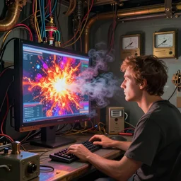 “Artstation. A room full of electronic steampunk equipment with lots of electric wires and large tv screens and big voltage meters. A colorful bright burst of fire and smoke is coming out of the computer screen. Close-up of a man sitting at the keyboard and watc in style of Mike Savad”