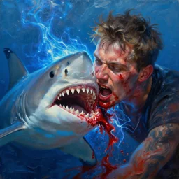 a oil painting hyperrealism of a beautiful man bitten by shark, blood makeup, 8 k resolution, octane render, trending on artstation, by gediminas pranckevicius, volumetric light 2 blue fractal thunder glow by dan mumford, anaglyph effect, laurie lipton