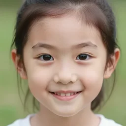 a young girl with big eyes smiling for the camera