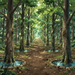 immaculate forest with trees spaced at equidistant intervals between circular pools of water on the ground, with light flitering through the trees by Studio Ghibli, dynamic camera angle, deep 3 point perspective.