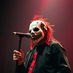 publicity photo still of ronald mcdonald wearing a slipknot mask touring with slipknot live on stage, 8 k, live concert lighting, mid shot
