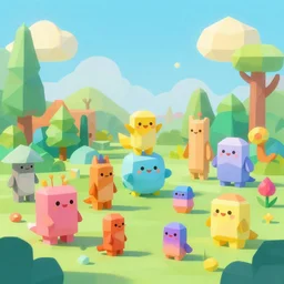 a colorful surreal low poly dream with friendly creatures populating the scene