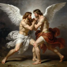 depiction of Jesus and Lucifer wrestling illustration by Ruan Jia and Mandy Jurgens and William-Adolphe Bouguereau, Artgerm, 4k, digital art, surreal, space dandy style, highly detailed, godsend, artstation, digital painting, concept art, smooth, sharp focus, illustration by Ruan Jia and Mandy Jurgens and William-Adolphe Bouguereau