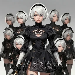 a very high resolution image from nier : automata, featuring 9 s android fighting militarized police forces in yellow rye field under pure blue skies