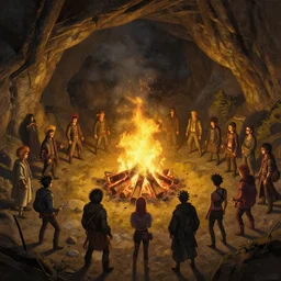 a beautiful highly detailed matte painting of a crowd lighting a bonfire outside the cave, punk styling by atey ghailan, cliff chiang, loish and goro fujita, yellow, brown, black and grey mystical tones, featured on artstation, featured on behance, grunge aesthetic