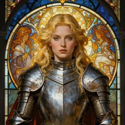 masterpiece head-on symmetrical centered painted portrait, Imogen Poots as a paladin, D&D theme, blonde hair, glorious, wearing full metal armour, glowing stained glass backdrop, elegant, in the style of Ruan Jia and Artgerm and Edgar Maxence and Ross Tran and Alphonse Mucha and Ayami Kojima and Charlie Bowater and Greg Rutkowski and Karol Bak and Jean Delville, Art Nouveau, Pre-Raphaelite, Neo-Gothic, gothic, Art Nouveau, rich deep moody colors