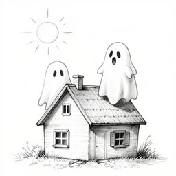 ghosts on house, day sky with happy sun, sketch, draw, ink art, by james jean and david diao