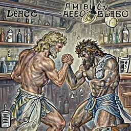 depiction of God and Lucifer arm wrestling in a pub, Dramatic lighting, illustration by Ruan Jia and Mandy Jurgens and William-Adolphe Bouguereau, Artgerm, 4k, digital art, surreal, space dandy style, highly detailed, godsend, artstation, digital painting, concept art, smooth, sharp focus, illustration by Ruan Jia and Mandy Jurgens and William-Adolphe Bouguereau