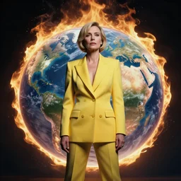 a moody photograph of a confident caucasian woman in her 6 0's with short blonde hair wearing a tailored yellow suit standing against a backdrop of the planet earth engulfed in flames. photograph by annie leibowitz, cinematic lighting, sci fi, futuristic