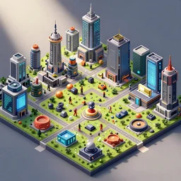aerial isometric view of a cyber city filled with resources, art from a resource gathering game