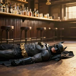 batman lying on the floor in a pub, 8 k photography, golden hour