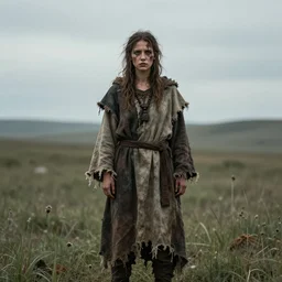 character and environment photography, portrait shamanistic infested 3 0 - year - old female barbarian, messy hair, old tattered robe, medium shot, wide angle, 2 0 0 px, full front, natural light