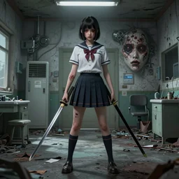 School girl holding a katana and standing on an abandoned hospital room,horror sccene, hyperrealistic mixed media, stunning 3d render inspired art by P. Craig Russell and Barry Windsor-Smith + perfect facial symmetry + dim volumetric lighting, 8k octane beautifully detailed render, post-processing, extremely hyperdetailed, intricate futuristic mechanic parts, epic composition, grim yet sparkling atmosphere, cinematic lighting + masterpiece, trending on artstation