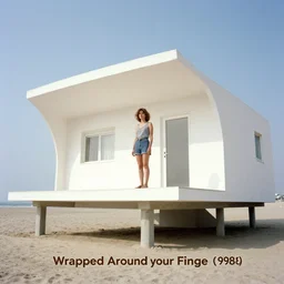 a still of a young woman standing on a huge concrete white deck of a minimalist beach house, outside view, low angle, clear sky and background, in the music video Wrapped Around your Finger (1983)