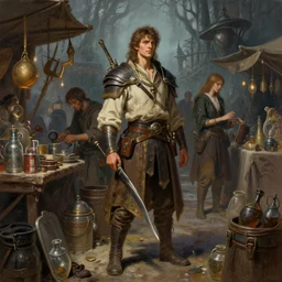 The Adventurers shopping for equipment and supplies at the marketplace outside of the grimdarkest dungeon. trending on Pixiv. trending on ArtStation. A vibrant digital oil painting. A highly detailed fantasy character illustration by Wayne Reynolds and Charles Monet and Gustave Dore and Carl Critchlow and Bram Sels