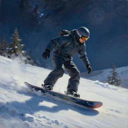 detailed oil painting of a 🏂 on 🌨️ at 🌌