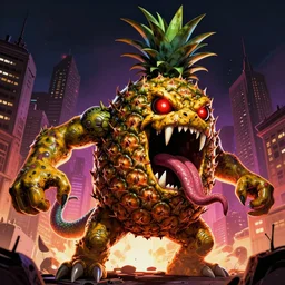 horrific realistic!! monster pineapple with fangs and a snake tongue, by jack kirby very big, vibrant colors, red glowing eyes, concept art, detailed, high contrast, rim light, back lit, sharp focus, illustration, powerful, attacking a city unreal render