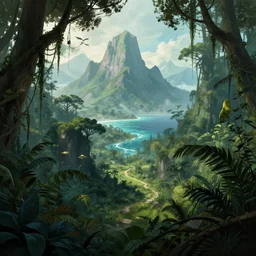 fantasy jungle, dungeons and dragons, mountains, oceans, digital art by simon stalenhag