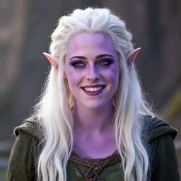 Kristen Stewart as a smiling Elf wizard with white-hair and purple-skin. Photorealistic digital art trending on artstation, artgem, 4k HD.
