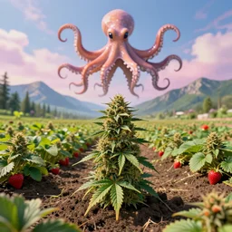 weed, marijuana nug, weed leaf, cthulhu, growing out of the ground, scenic, garden of weed, octopus in the sky, mountains, digital art, 4 k, 8 k, strawberry fields forever, amazing art