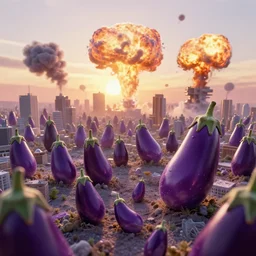 sunrise over a microscopic city of eggplants, 🍆🍆🍆🍆🍆🍆🍆, atomic bomb explosions, macro photography, digital art by greg rutkowski, trending on artstation