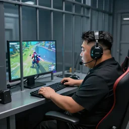 Kim jong un playing Fortnite in a jail cell, in a dxracer chair, with headset on