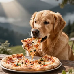 a golden retriever eating a pizza
