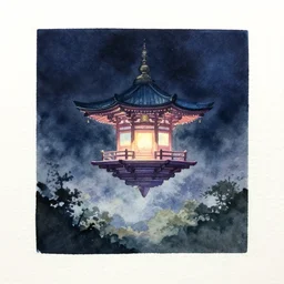 centered on watercolor paper, paint brush strokes, watercolor painting of a hovering miniature shrine, enchanted, iridescent and ethereal, in a landscape at night, oriental, cinematic light, in the style of noriyoshi ohrai