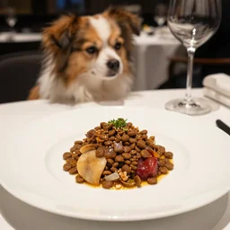 dog food on a plate, gourmet michelin restaurant, food photography
