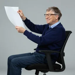 a studio photograph of bill gates sitting in a office chair while putting up both legs on a desk with a monitor, 4 k,