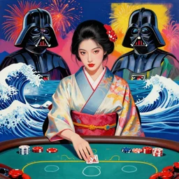 hyperrealistic composition of the detailed woman in a japanese kimono sitting at a poker table with darth vader, fireworks, waves in the ocean with mountains in the background, pop - art style, jacky tsai style, andy warhol style, acrylic on canvas