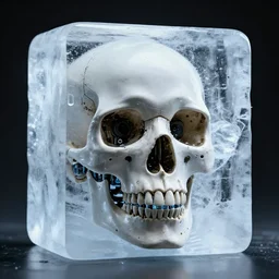 a robotic skull encased in frozen ice cube