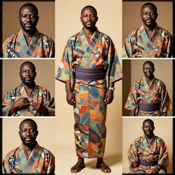 an african chief wearing a colourful Japanese Kimono, african facial features, full body shot, rembrandt lighting, magazine collage,
