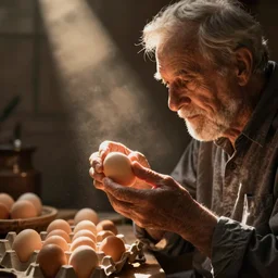 grandpa examining eggs | warm lighting