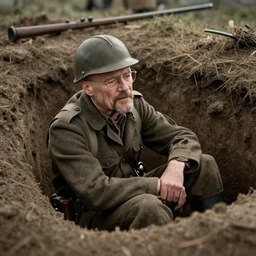 tilt shift walter white pondering over a dug out trench wwi, dramatic light, zdzidaw, ultrafine, hyperrealistic, vintage, retro, 3 5 mm film still, movie