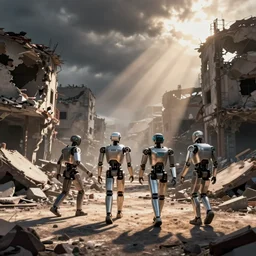 color video footage, assault - robots walking in the bombed city,