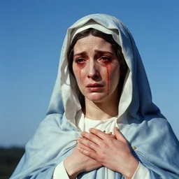 mother mary crying blood tears, blue sky in background, 60mm grainy vintage photograph