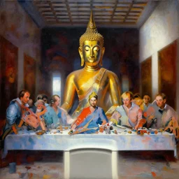 a beautiful painting cyberpunk gold buddha the last supper, by andy warhol realistic oil painting