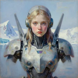 holy young female battle robot, award winning, portrait bust symmetry, faded tetrachromacy colors arctic background tim hildebrandt wayne barlowe bruce pennington donato giancola larry elmore masterpiece trending on artstation cinematic composition beautiful lighting hyper detailed!!! 8 k oil on canvas