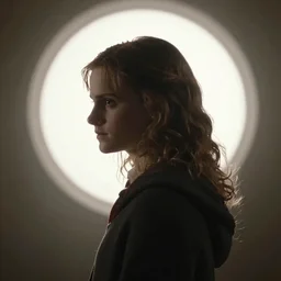 Film still of Emma Watson as Hermione Granger. Silhouette. Shadowed. Halo. Ring of light. 35mm lens. Backlit. Angelic. Beautiful. William Adolphe Bouguereau. Henriette Browne.