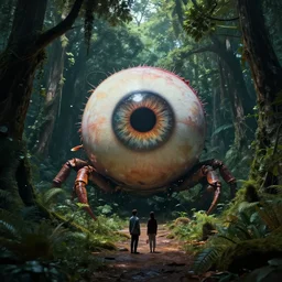 by oka yasutomo and anna dittmann, visually stunning, cinematic, ultra realistic, hyper realism, 1 2 k, epic, octane render, unreal engine, vfx, maya, centered full body, ultra complex world in a box in the dark, a large eyeball in the middle of a park, ancient forest, 🦀👁 stranger in a strange place 👁🦀