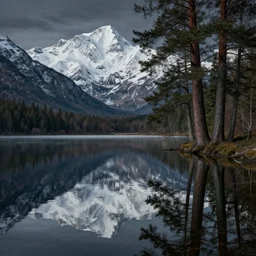 escher painting of a lake, big trees reflecting on lake surface, mountains at background, snowy, ultra sharp, ultra detailed, dark emotion, colorized by salvador