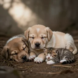 puppies and kittens taking a nap together