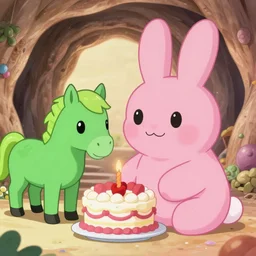 big pink bunny, green horse, baking a cake in a cave, bright colors, anime art, high resolution 4 k, by makoto shinkai and beeple
